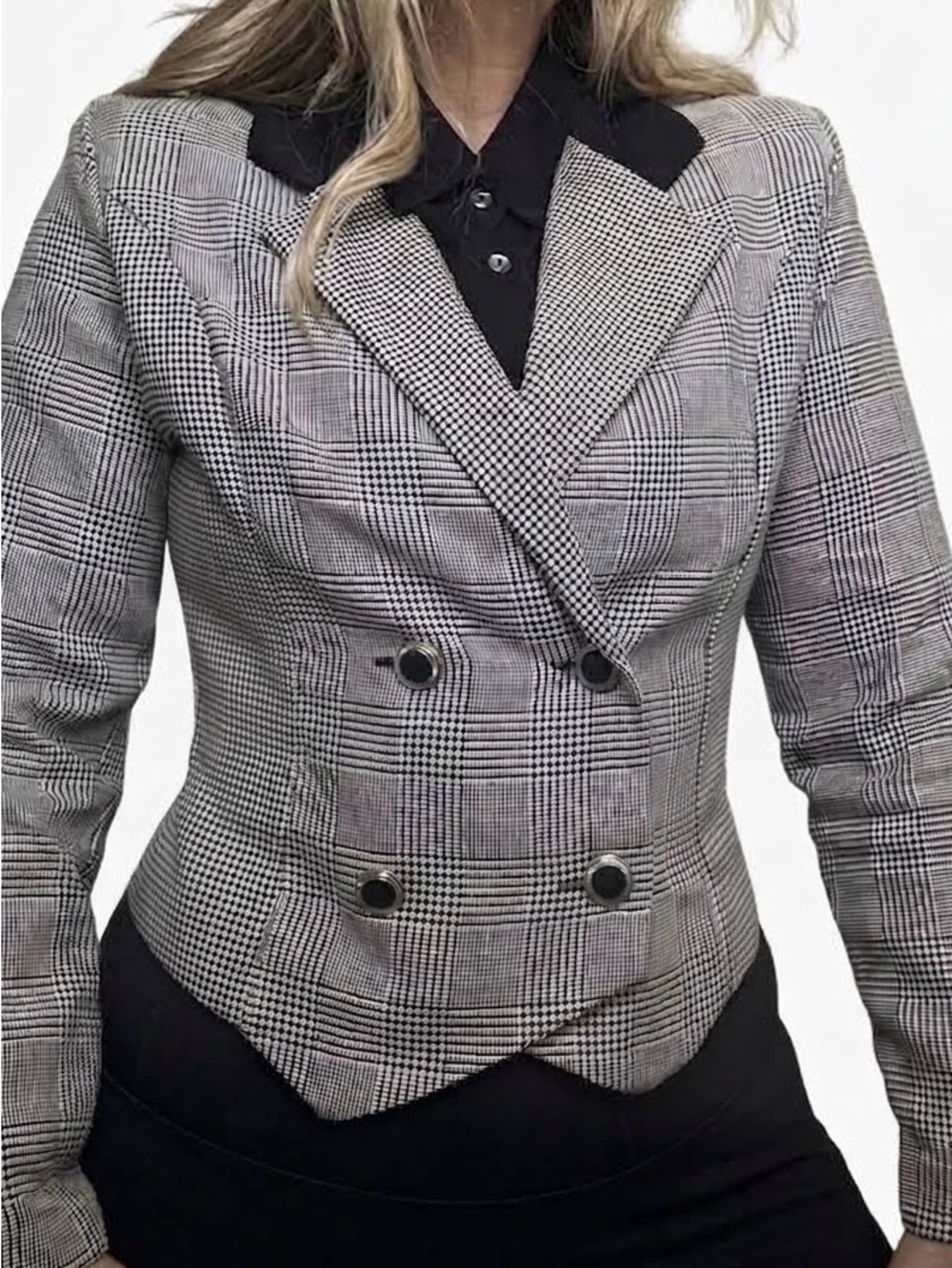 VTG Black and White Plaid Double-Breasted Blazer w/ Black Collar 90s